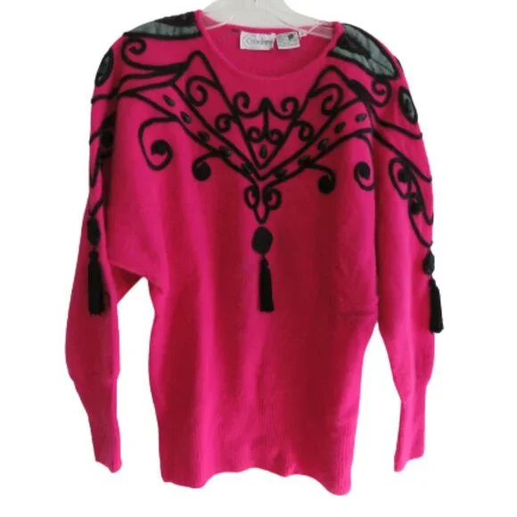 VINTAGE CEDARS Angora Lambswool Pink Beaded Dolman Sleeve Sweater - Size M - Picture 1 of 15